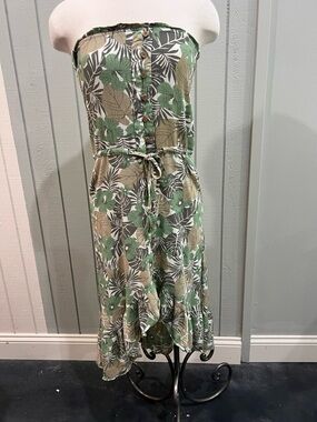blue island Strapless Green and Tan Floral Midi Dress
